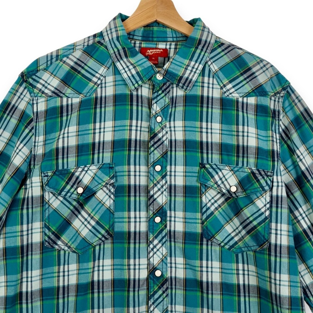 Arizona Mens Western Shirt‎ XL Green Blue Plaid Snap Cowboy Ranch Workwear Rodeo
